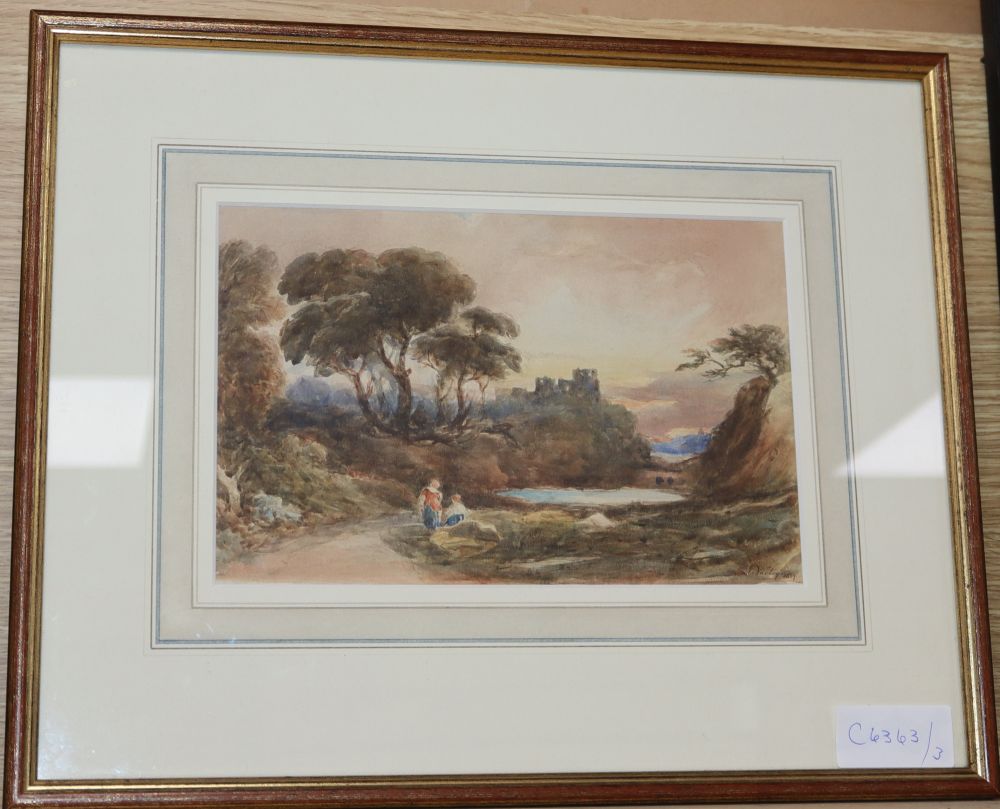 John Varley (1778-1842), watercolour, Travellers and castle in a landscape, signed and dated 1839, 16 x 24cm